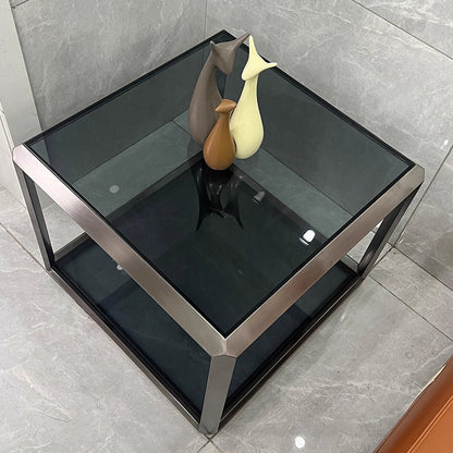 Contemporary Scandinavian Sintered Stone Glass Stainless Steel Square Coffee Table 2-Tier For Living Room