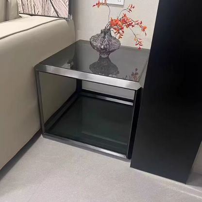 Contemporary Scandinavian Sintered Stone Glass Stainless Steel Square Coffee Table 2-Tier For Living Room