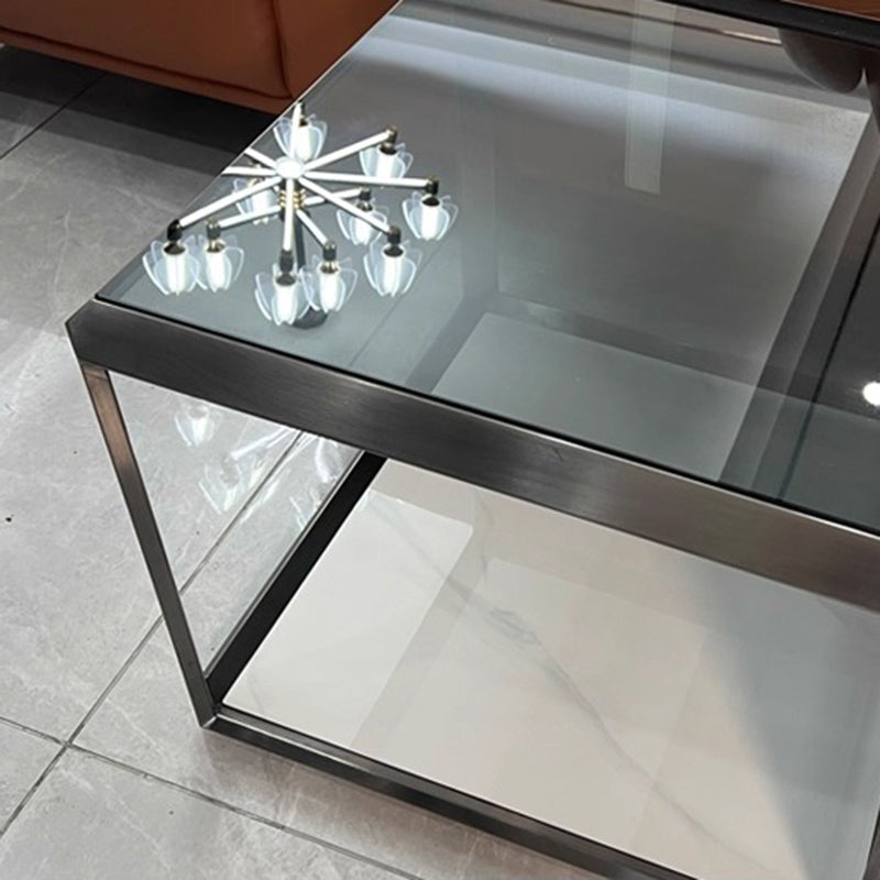 Contemporary Scandinavian Sintered Stone Glass Stainless Steel Square Coffee Table 2-Tier For Living Room