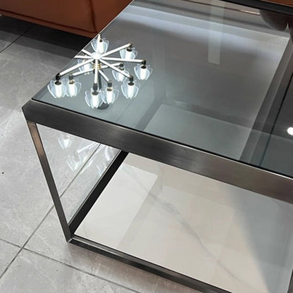 Contemporary Scandinavian Sintered Stone Glass Stainless Steel Square Coffee Table 2-Tier For Living Room