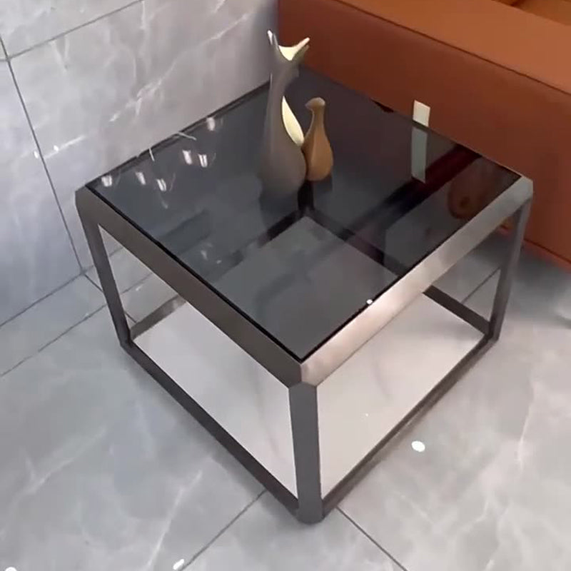 Contemporary Scandinavian Sintered Stone Glass Stainless Steel Square Coffee Table 2-Tier For Living Room
