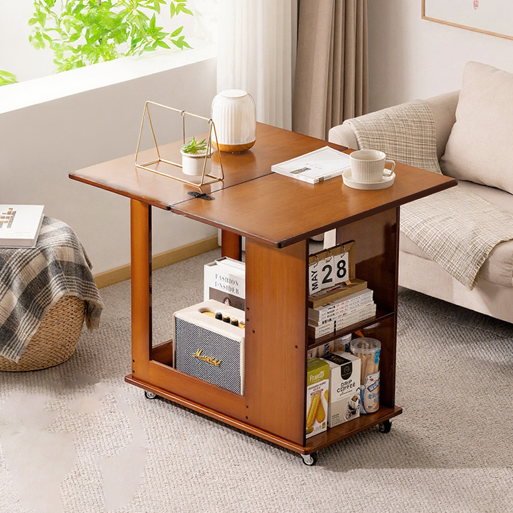 Traditional Chinese Bamboo MDF Movable Foldable Rectangular Coffee Table 3-Tier For Living Room