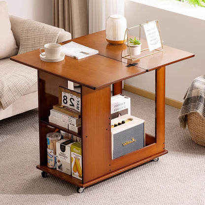 Traditional Chinese Bamboo MDF Movable Foldable Rectangular Coffee Table 3-Tier For Living Room