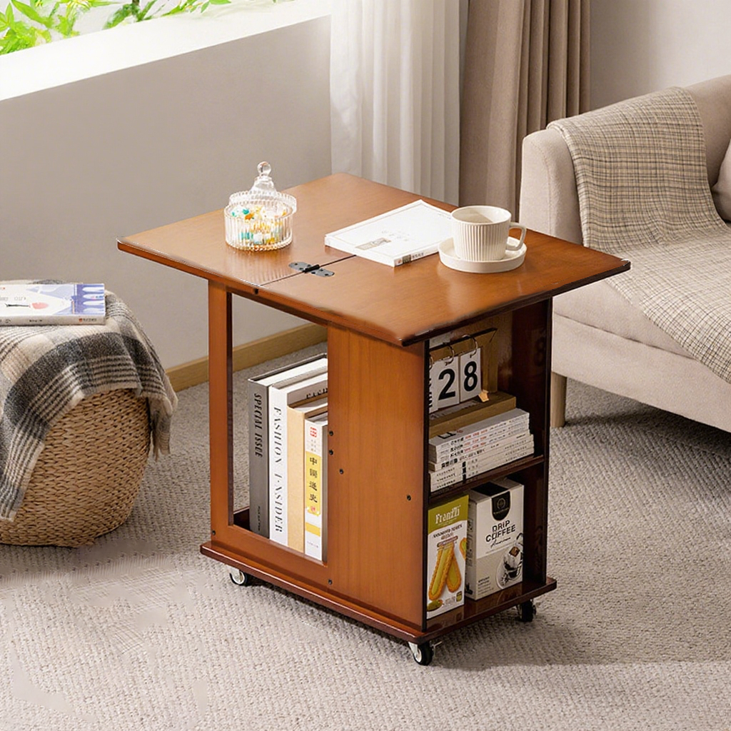 Traditional Chinese Bamboo MDF Movable Foldable Rectangular Coffee Table 3-Tier For Living Room