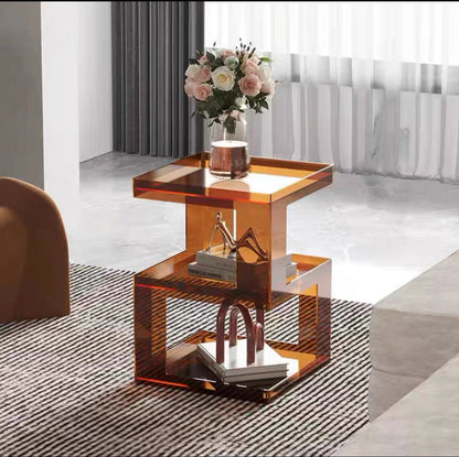 Contemporary Scandinavian Acrylic Square E-Shaped Side Table 3-Tier For Living Room