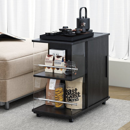 Traditional Vintage Solid Wood Multilayer Board Glass Stainless Steel Mobile Rectangular Coffee Table 3-Tier For Living Room