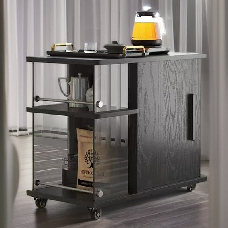 Traditional Vintage Solid Wood Multilayer Board Glass Stainless Steel Mobile Rectangular Coffee Table 3-Tier For Living Room