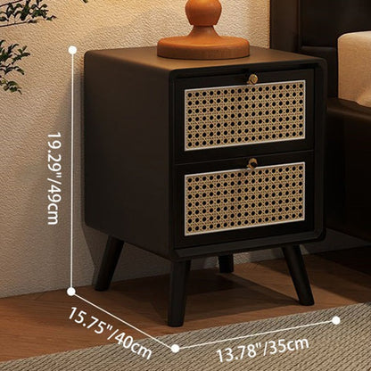Traditional Chinese Rubberwood Rattan Rounded Square Nightstand 2-Drawer For Bedroom