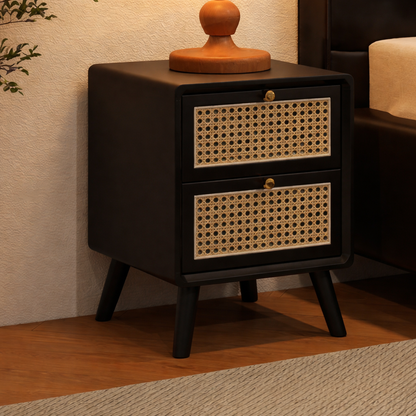 Traditional Chinese Rubberwood Rattan Rounded Square Nightstand 2-Drawer For Bedroom