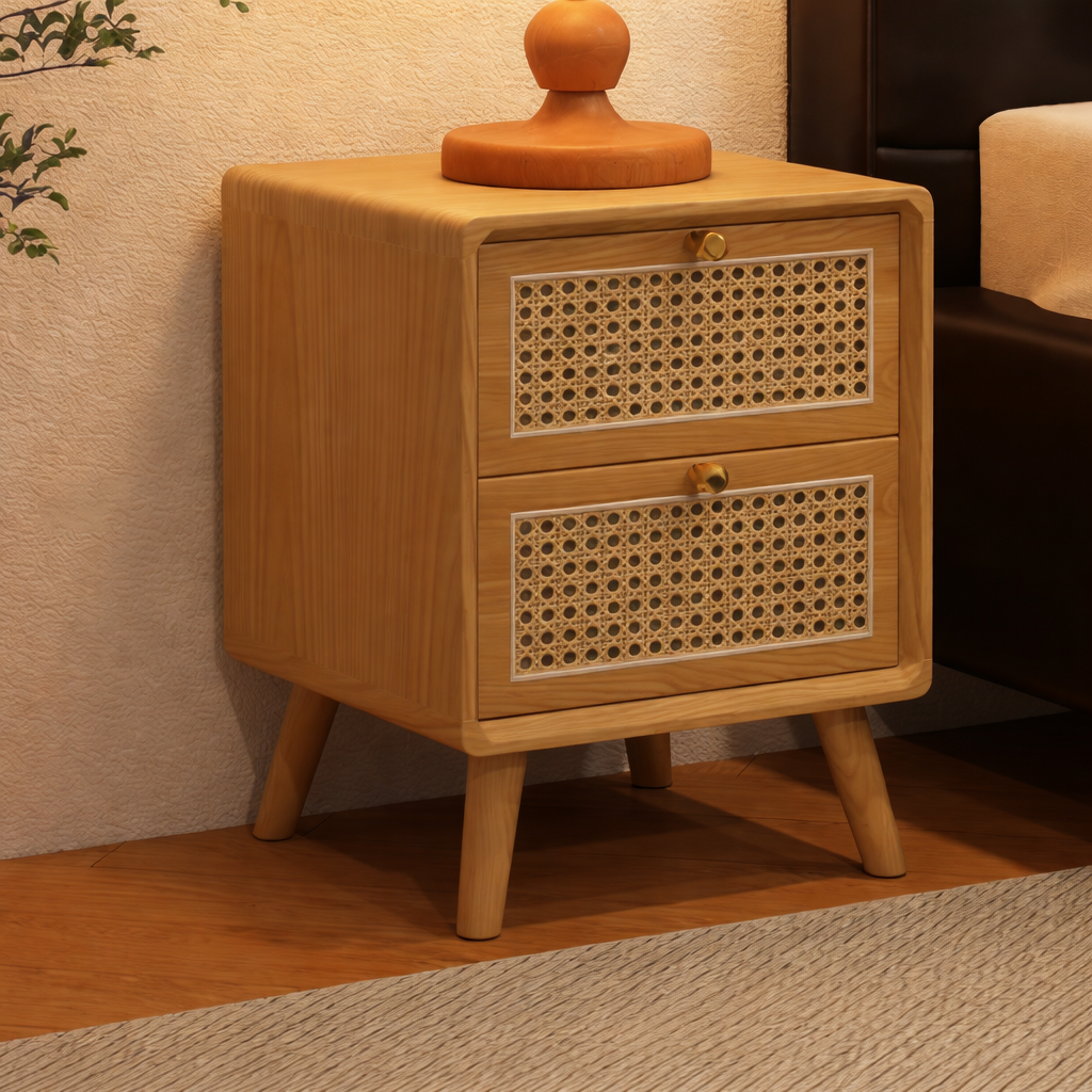 Traditional Chinese Rubberwood Rattan Rounded Square Nightstand 2-Drawer For Bedroom