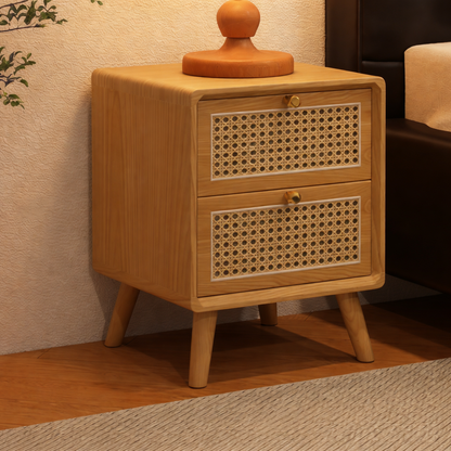 Traditional Chinese Rubberwood Rattan Rounded Square Nightstand 2-Drawer For Bedroom