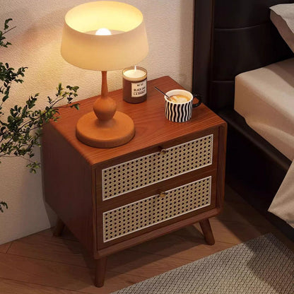 Traditional Chinese Rubberwood Rattan Rounded Square Nightstand 2-Drawer For Bedroom
