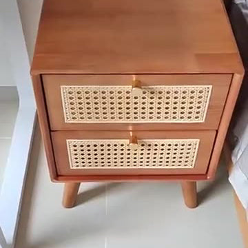 Traditional Chinese Rubberwood Rattan Rounded Square Nightstand 2-Drawer For Bedroom