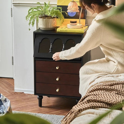 Traditional French Pine Wood Solid Wood Plywood Arched Rectangular Nightstand With 3 Drawers For Bedroom