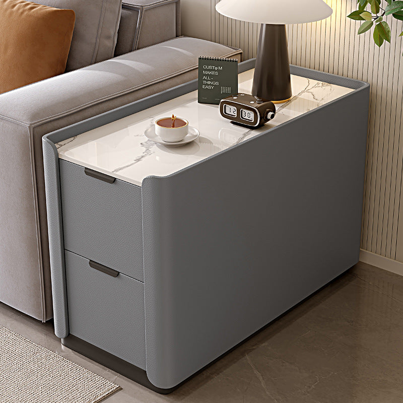 Contemporary Scandinavian Sintered Stone Microfiber Leather MDF Pine Wood Rectangular Nightstand With 2 Drawers For Bedroom