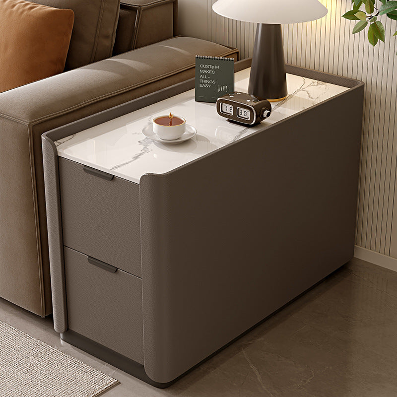 Contemporary Scandinavian Sintered Stone Microfiber Leather MDF Pine Wood Rectangular Nightstand With 2 Drawers For Bedroom