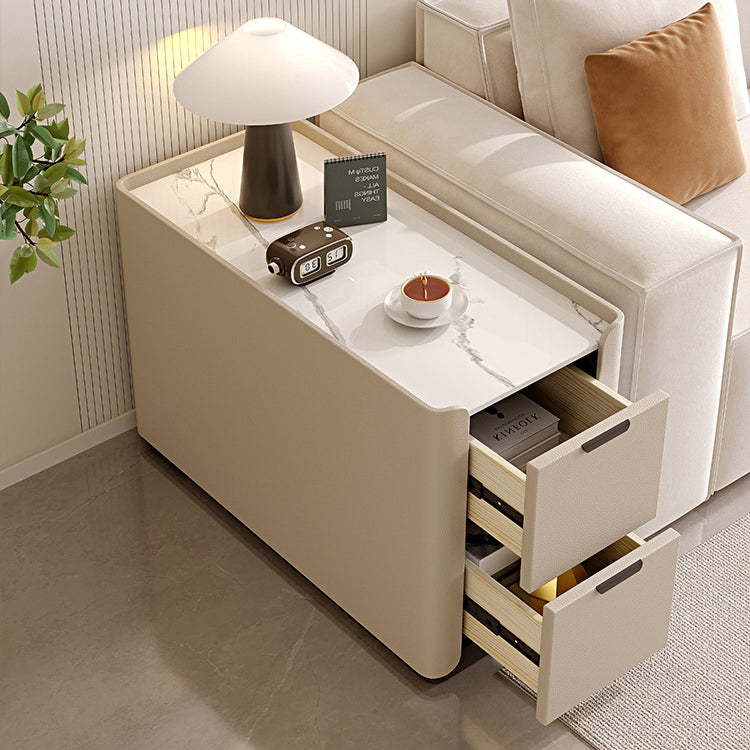 Contemporary Scandinavian Sintered Stone Microfiber Leather MDF Pine Wood Rectangular Nightstand With 2 Drawers For Bedroom