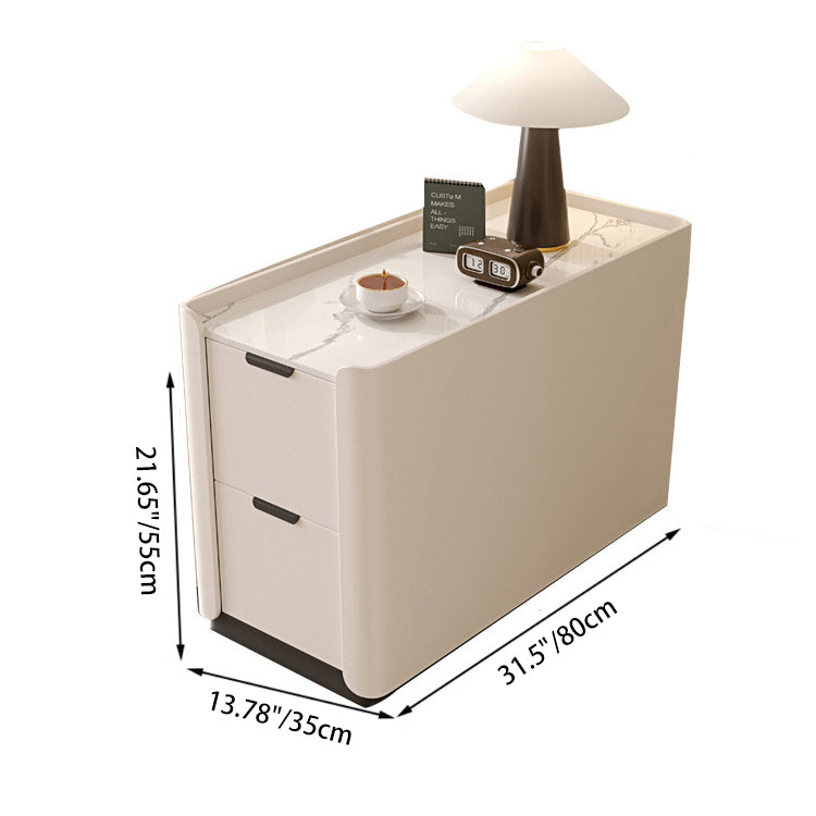 Contemporary Scandinavian Sintered Stone Microfiber Leather MDF Pine Wood Rectangular Nightstand With 2 Drawers For Bedroom