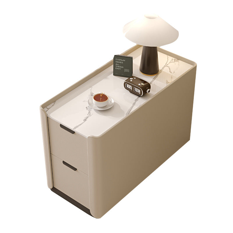 Contemporary Scandinavian Sintered Stone Microfiber Leather MDF Pine Wood Rectangular Nightstand With 2 Drawers For Bedroom