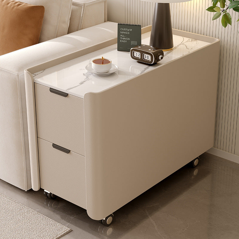 Contemporary Scandinavian Sintered Stone Microfiber Leather MDF Pine Wood Rectangular Nightstand With 2 Drawers For Bedroom