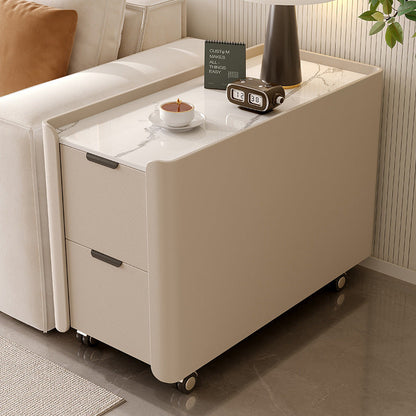 Contemporary Scandinavian Sintered Stone Microfiber Leather MDF Pine Wood Rectangular Nightstand With 2 Drawers For Bedroom