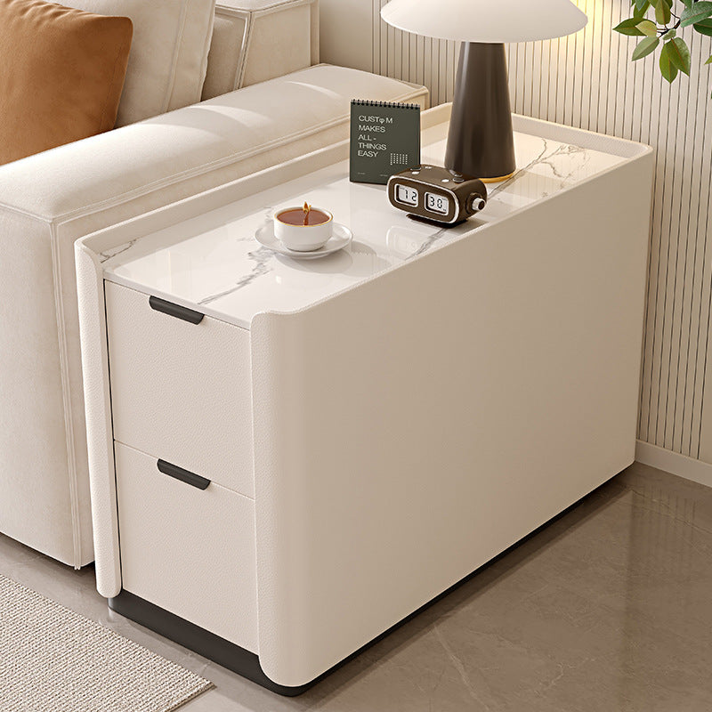Contemporary Scandinavian Sintered Stone Microfiber Leather MDF Pine Wood Rectangular Nightstand With 2 Drawers For Bedroom