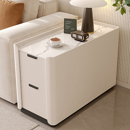 Contemporary Scandinavian Sintered Stone Microfiber Leather MDF Pine Wood Rectangular Nightstand With 2 Drawers For Bedroom