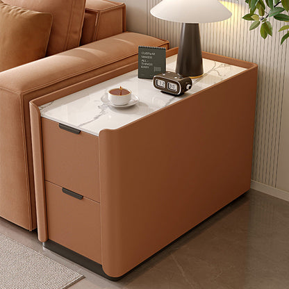 Contemporary Scandinavian Sintered Stone Microfiber Leather MDF Pine Wood Rectangular Nightstand With 2 Drawers For Bedroom