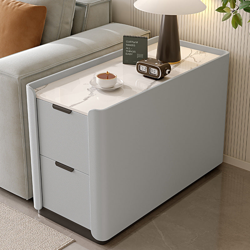 Contemporary Scandinavian Sintered Stone Microfiber Leather MDF Pine Wood Rectangular Nightstand With 2 Drawers For Bedroom