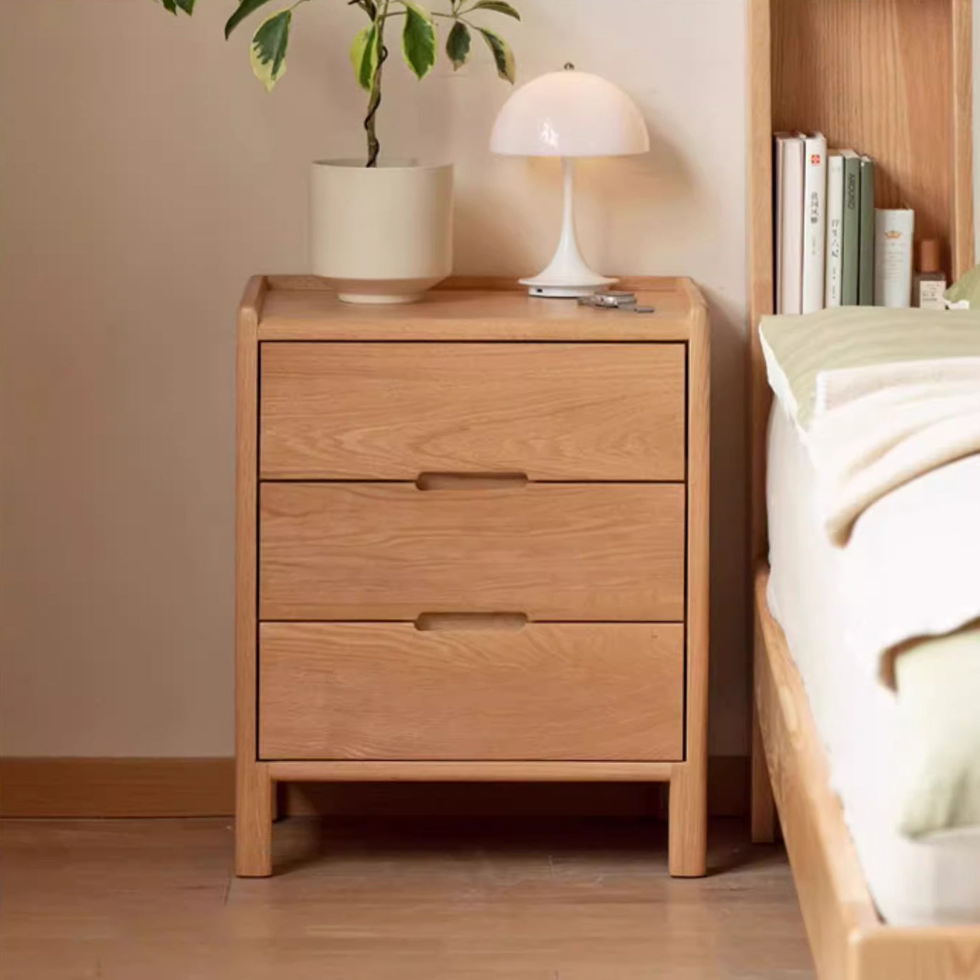 Traditional Chinese Oak Wood Rounded Rectangular Nightstand With 2/3 Drawers For Bedroom