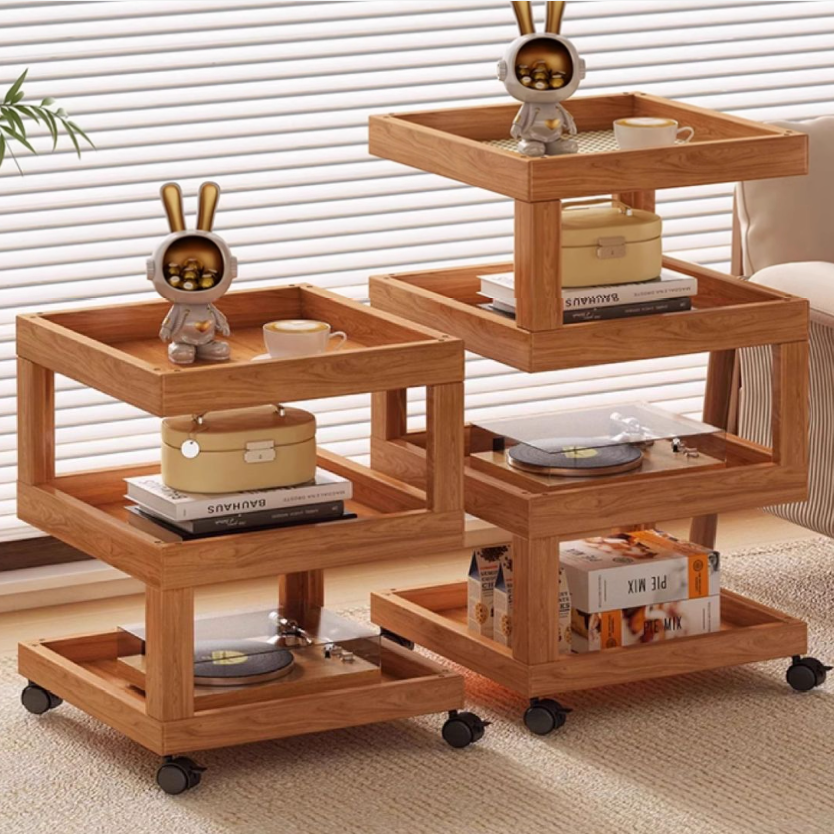 Contemporary Creative Bamboo Glass Woven Resin Rattan Movable Square Side Table With 3/4 Tiers For Living Room