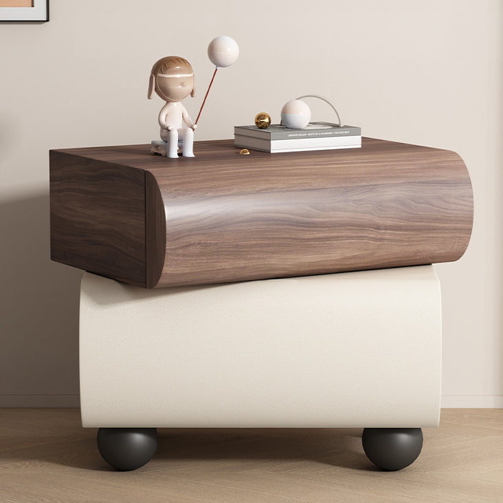 Contemporary Creative Solid Wood Faux Leather Carbon Steel Curved Spherical Nightstand 2 Drawers For Bedroom