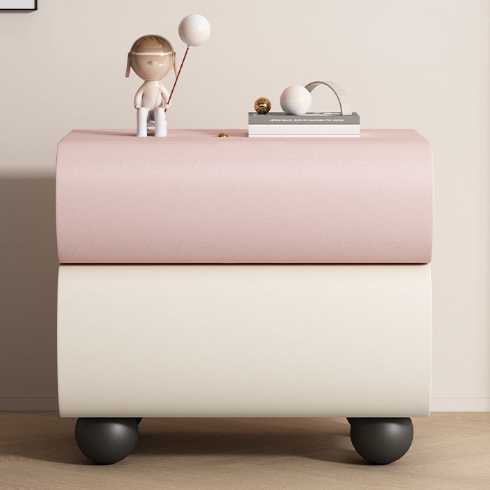 Contemporary Creative Solid Wood Faux Leather Carbon Steel Curved Spherical Nightstand 2 Drawers For Bedroom