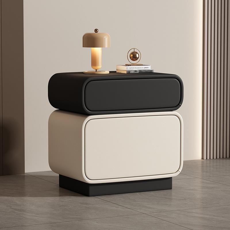 Traditional Chinese Solid Wood Microfiber Leather Rounded Square Nightstand 2 Drawers For Bedroom