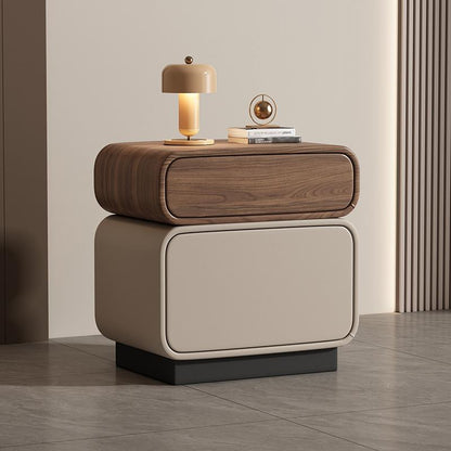 Traditional Chinese Solid Wood Microfiber Leather Rounded Square Nightstand 2 Drawers For Bedroom
