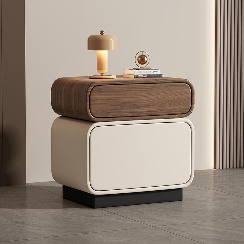 Traditional Chinese Solid Wood Microfiber Leather Rounded Square Nightstand 2 Drawers For Bedroom