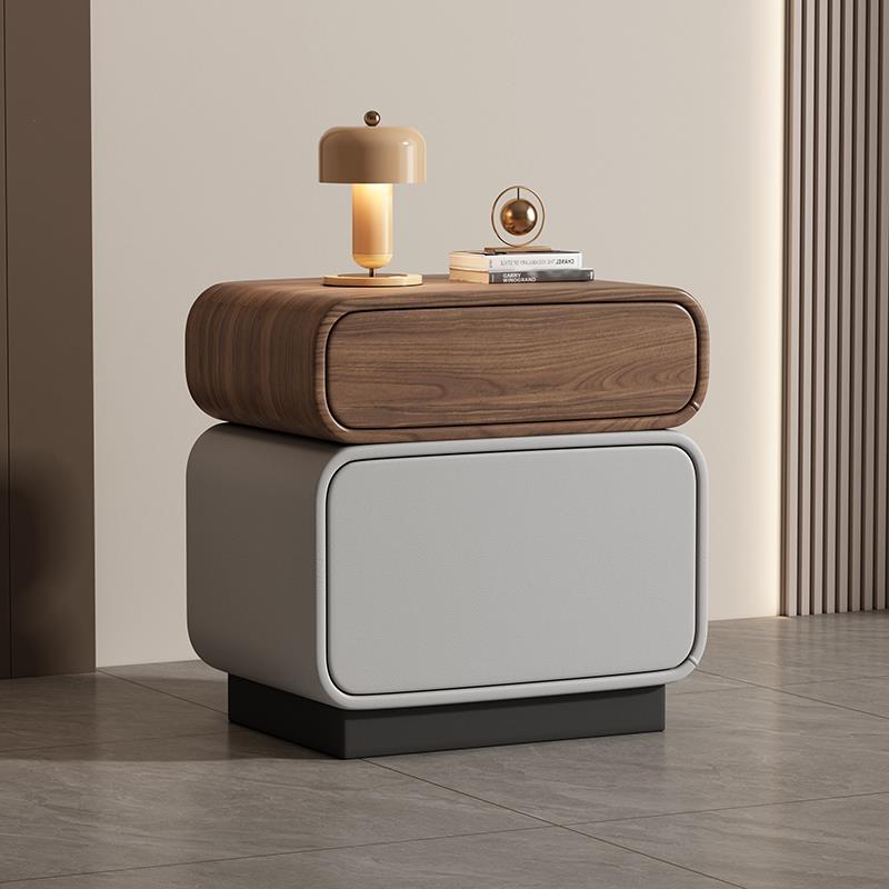 Traditional Chinese Solid Wood Microfiber Leather Rounded Square Nightstand 2 Drawers For Bedroom