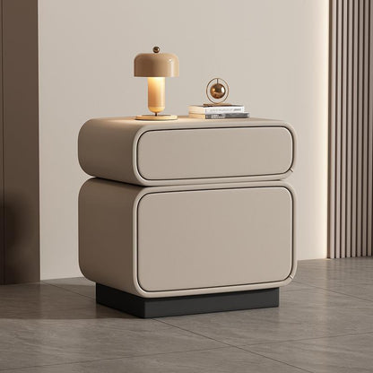 Traditional Chinese Solid Wood Microfiber Leather Rounded Square Nightstand 2 Drawers For Bedroom