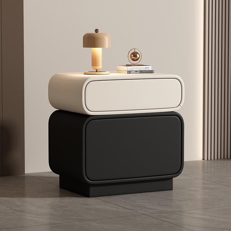Traditional Chinese Solid Wood Microfiber Leather Rounded Square Nightstand 2 Drawers For Bedroom