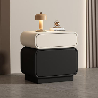 Traditional Chinese Solid Wood Microfiber Leather Rounded Square Nightstand 2 Drawers For Bedroom