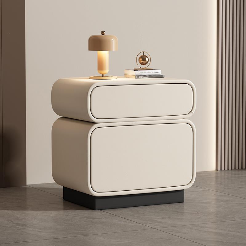 Traditional Chinese Solid Wood Microfiber Leather Rounded Square Nightstand 2 Drawers For Bedroom