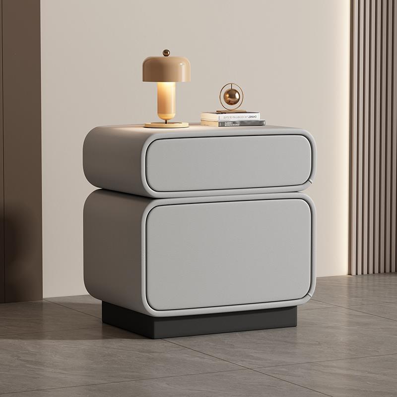 Traditional Chinese Solid Wood Microfiber Leather Rounded Square Nightstand 2 Drawers For Bedroom