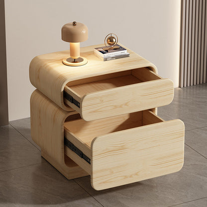 Traditional Chinese Solid Wood Microfiber Leather Rounded Square Nightstand 2 Drawers For Bedroom