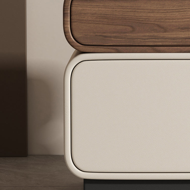Traditional Chinese Solid Wood Microfiber Leather Rounded Square Nightstand 2 Drawers For Bedroom