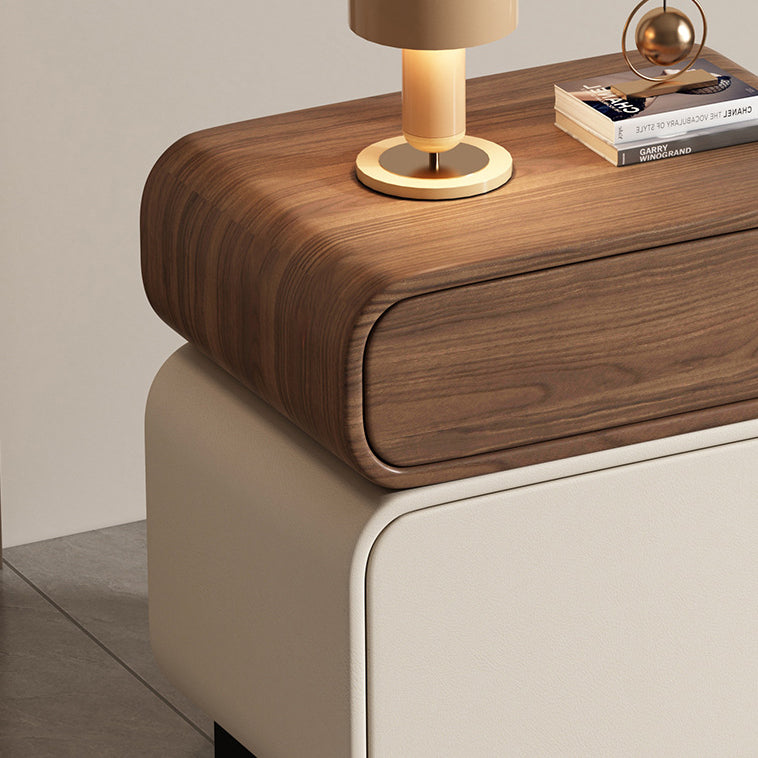 Traditional Chinese Solid Wood Microfiber Leather Rounded Square Nightstand 2 Drawers For Bedroom