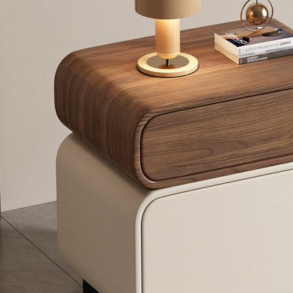 Traditional Chinese Solid Wood Microfiber Leather Rounded Square Nightstand 2 Drawers For Bedroom