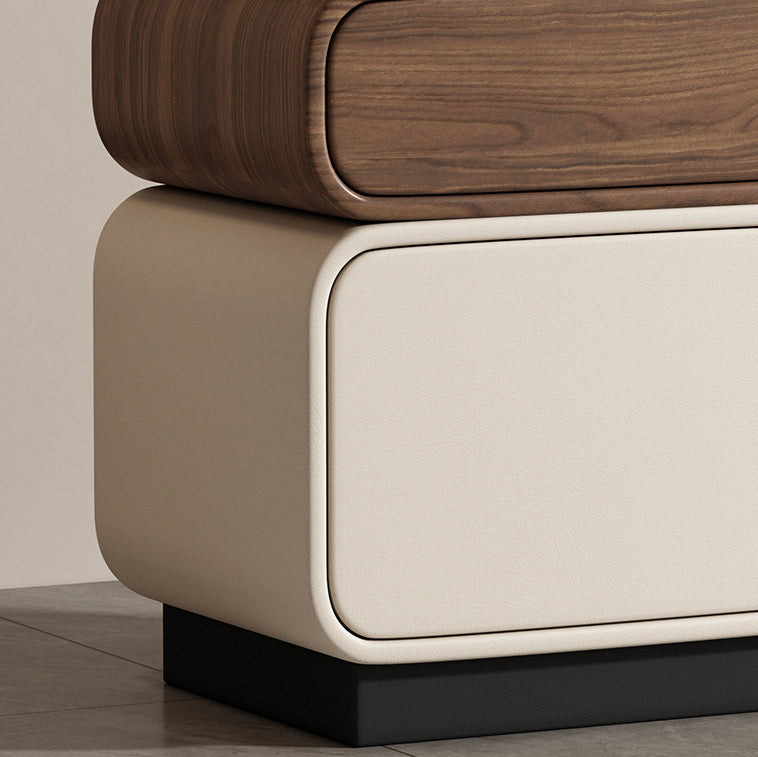 Traditional Chinese Solid Wood Microfiber Leather Rounded Square Nightstand 2 Drawers For Bedroom