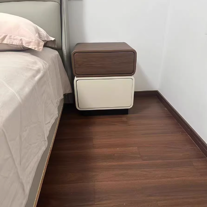 Traditional Chinese Solid Wood Microfiber Leather Rounded Square Nightstand 2 Drawers For Bedroom