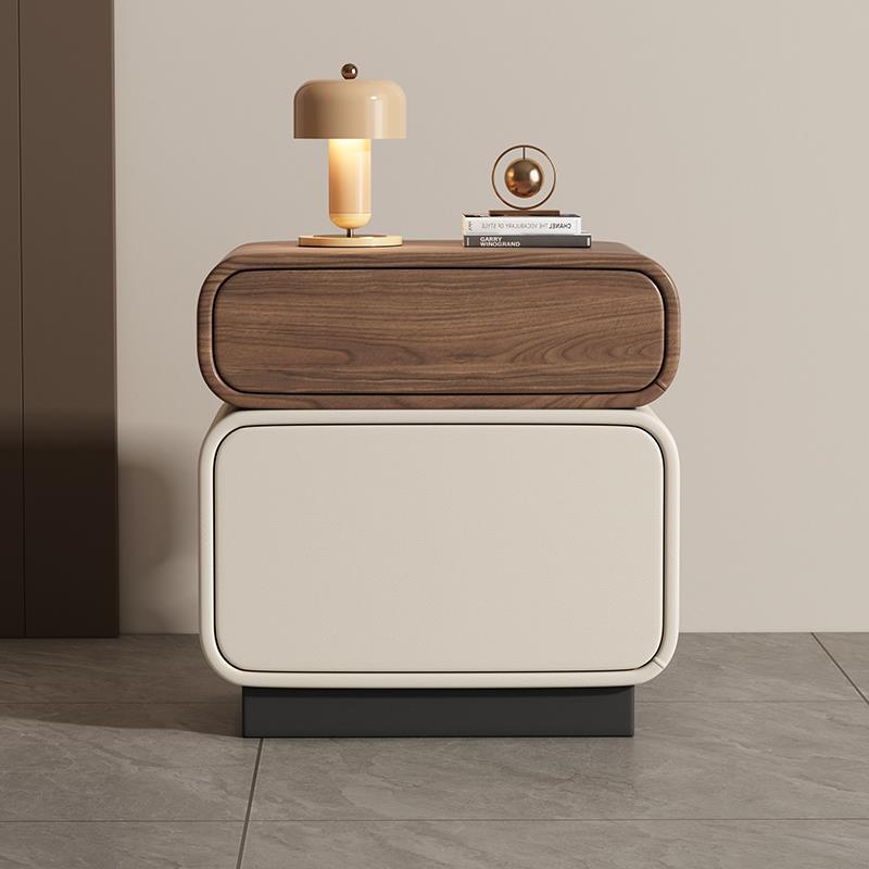 Traditional Chinese Solid Wood Microfiber Leather Rounded Square Nightstand 2 Drawers For Bedroom