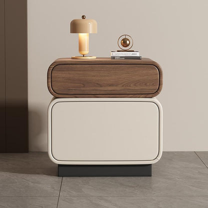 Traditional Chinese Solid Wood Microfiber Leather Rounded Square Nightstand 2 Drawers For Bedroom
